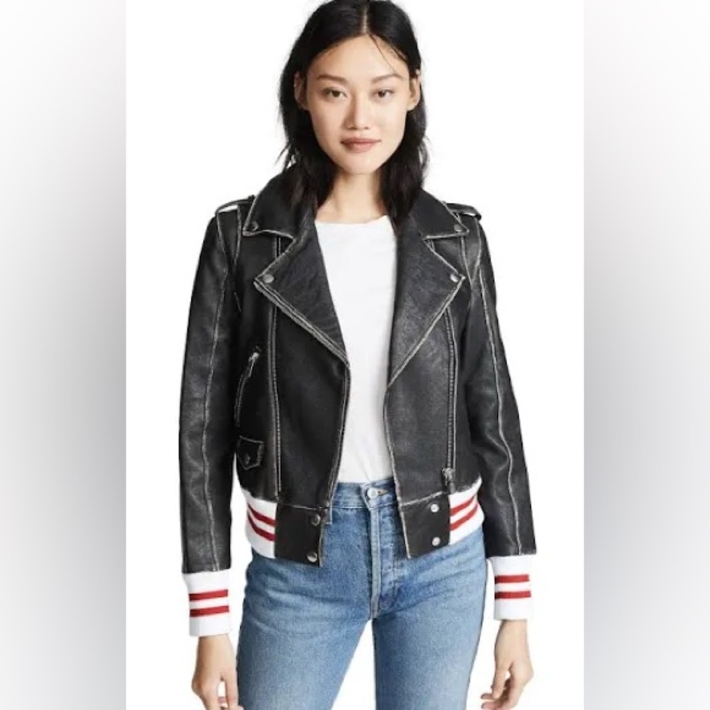 Anine Bing Quinlan Moto Biked Jacket with Varsity Cuffs and Hem - Picture 1 of 12